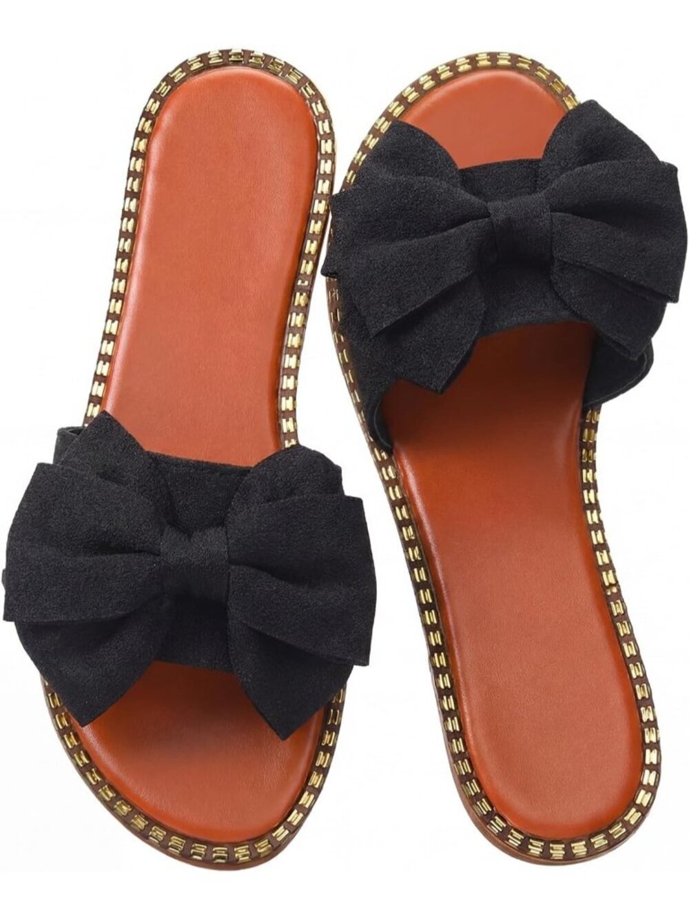 Women's Black Bow Knot Slides Cute Open Toe Polyester Flat Slip On Slippers